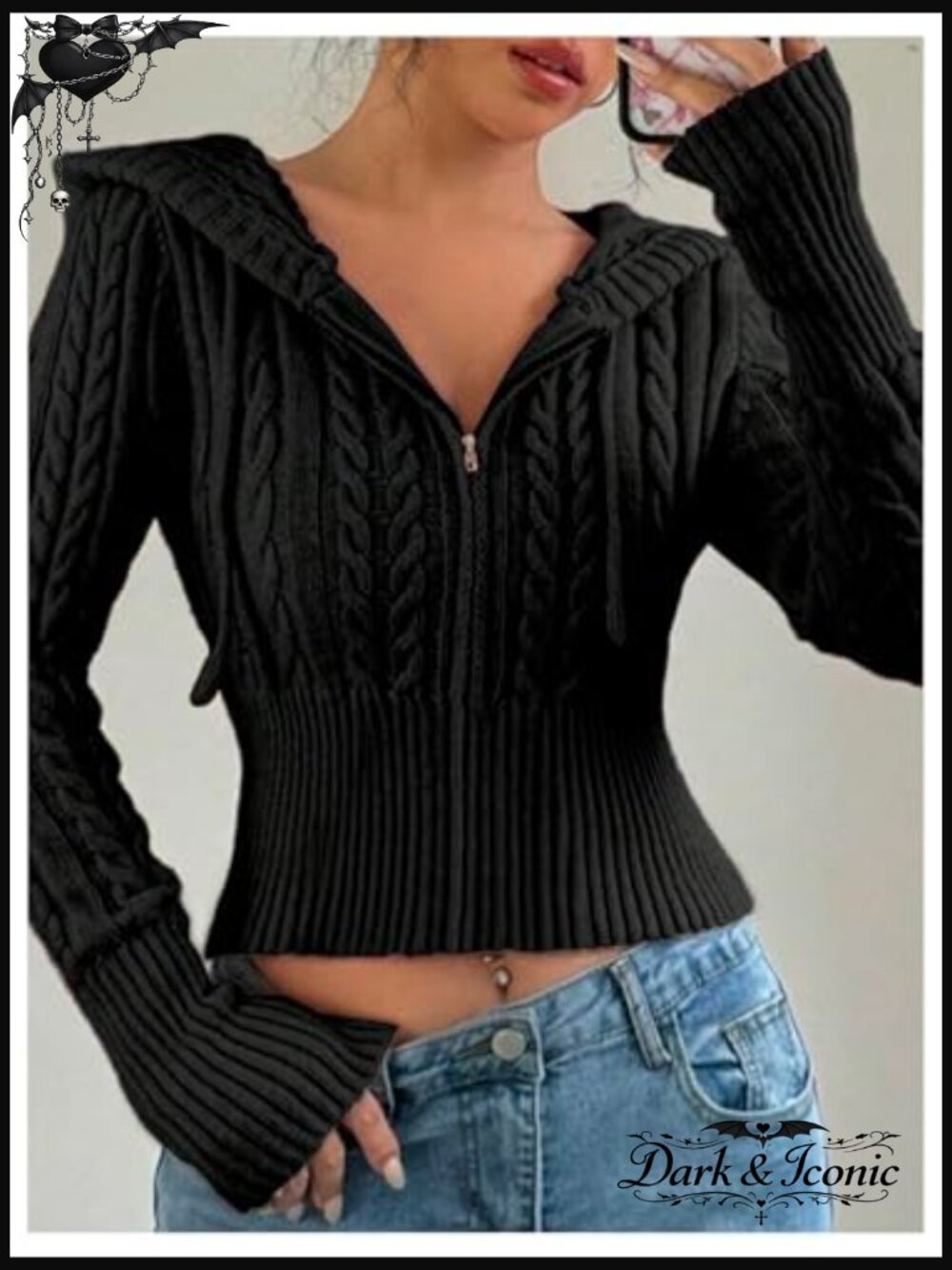 Crop Cardigan Sweater Cable Knit Zip Up Hoodie Long Sleeve Medium - Picture 5 of 5